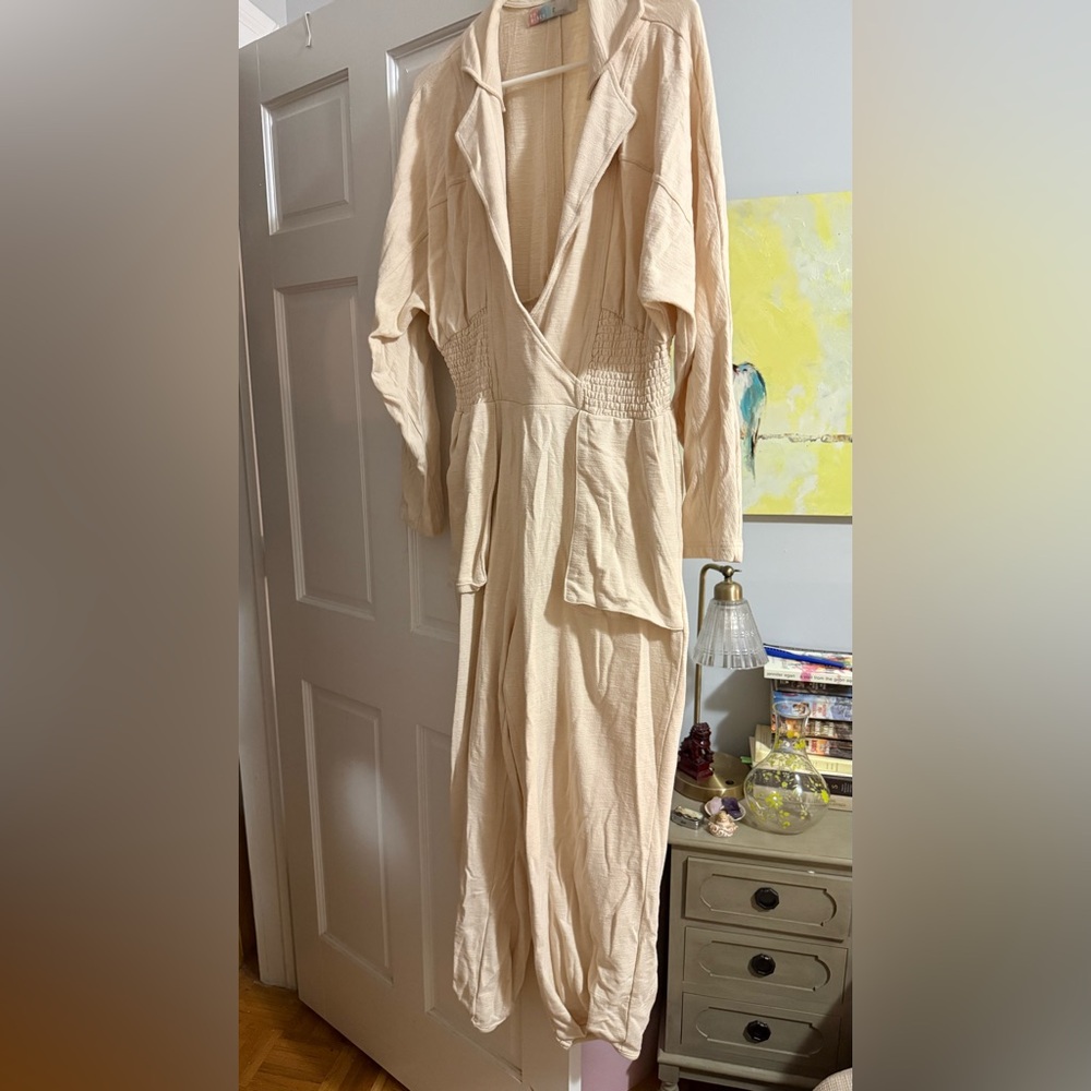 Free People Cream Long Sleeve Jumpsuit